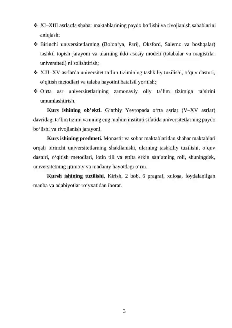 Oʻrta asrlarda taʼlim tizimi va Universitetlarning shakillanishi. 3
