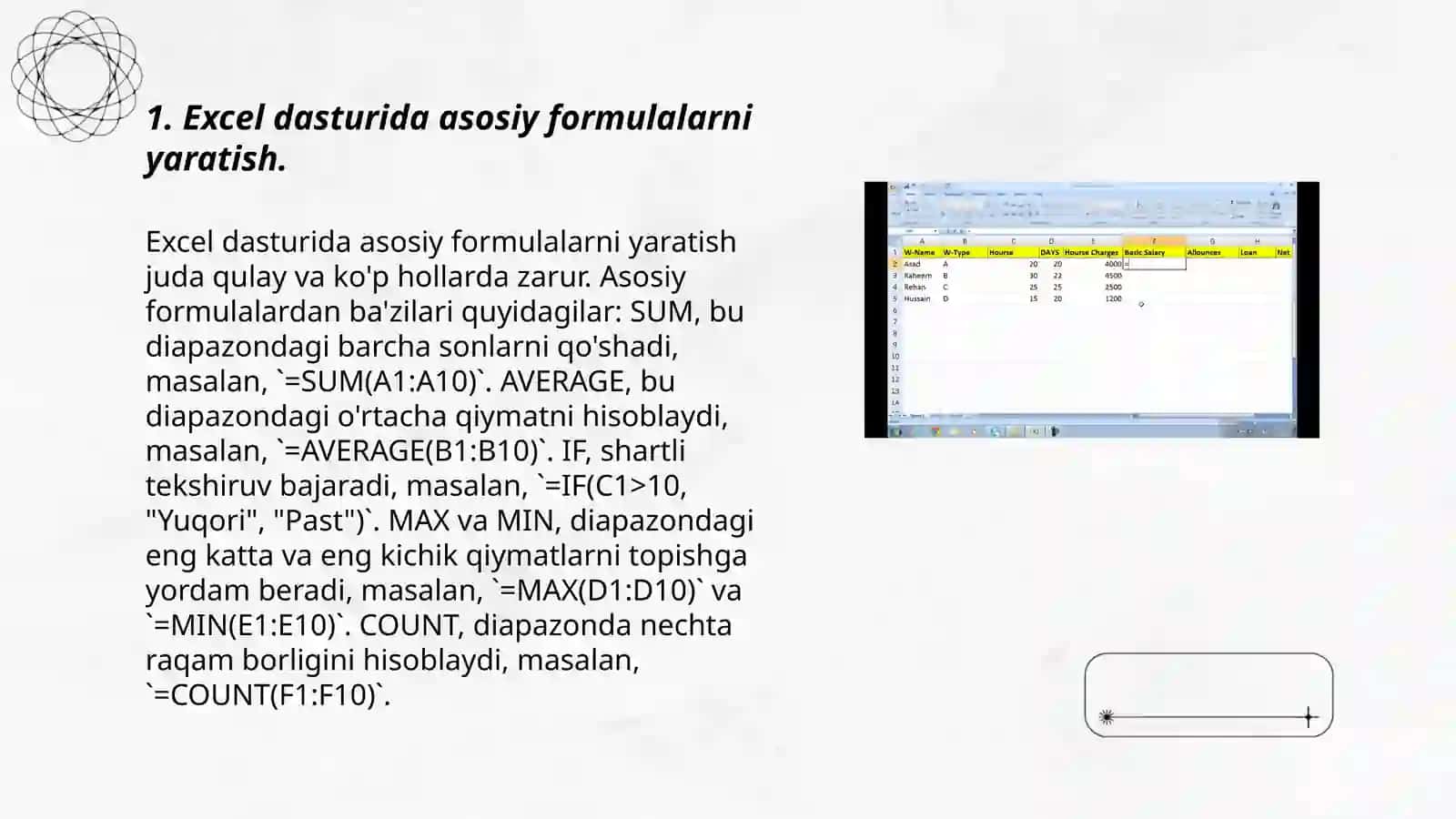 Excel dasturida formulalar va funksiyalar bilan ishlash 3