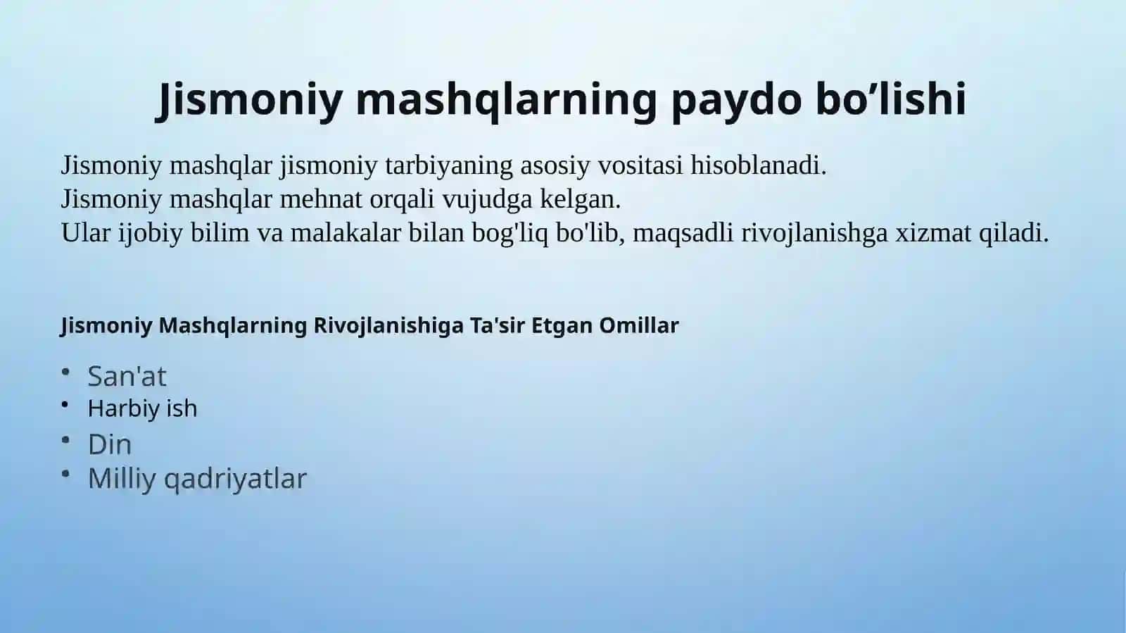 Jismoniy mashqlar harakteristikasi. Jismoniy mashqlarning paydo bo’lishi. 3