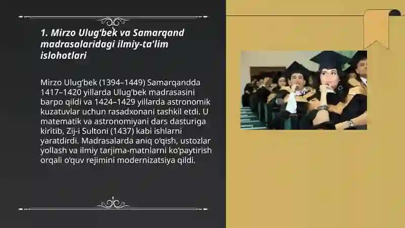 Mirzo Ulugʻbek va Samarqand madrasalaridagi ilmiy-ta'lim islohotlari 3
