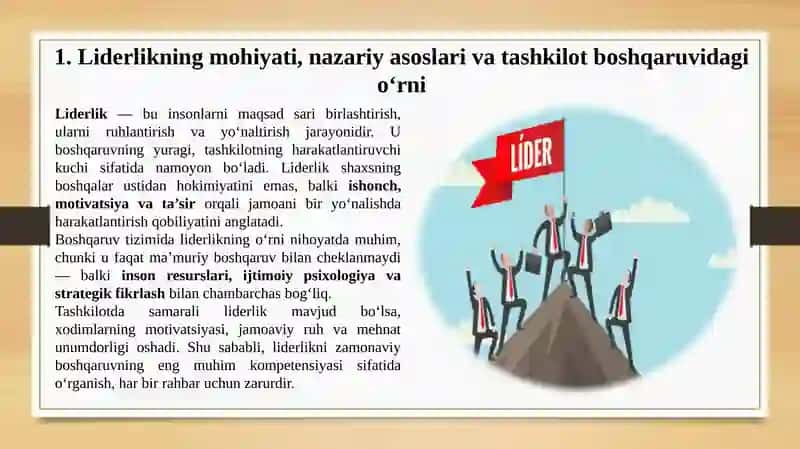Liderlik uslublari va tashkilotni boshqarishga yondashuvlar 3