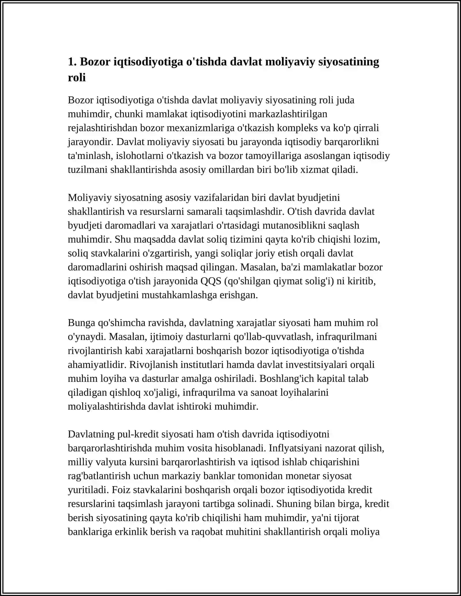 BOZOR IQTISODIYOTIGA O'TISHDA DAVLATNING MOLIYAVIY SIYOSATI, UNING DASTAKLARI VA AMALGA OSHIRISH VAZIFALARI 3