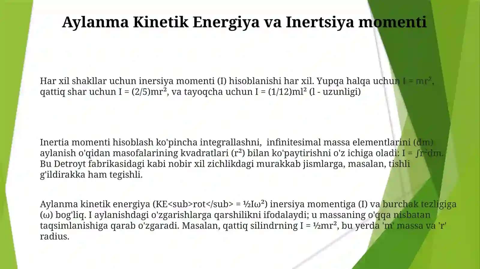 Jismning inersiya momentlari 3