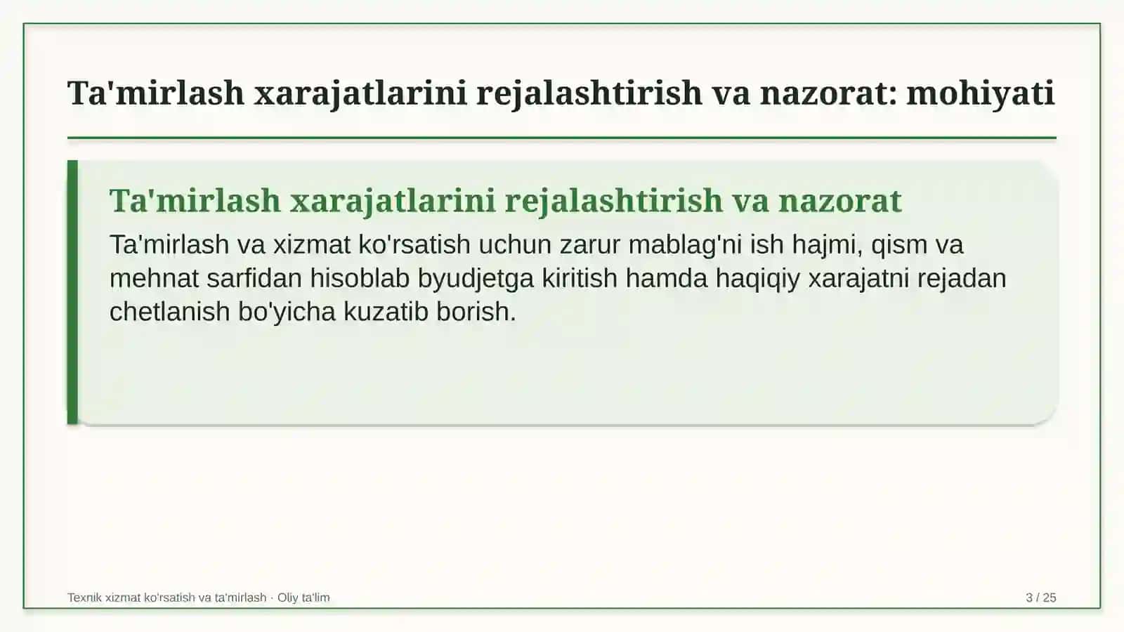 Chegara oldi savdosida ta'mirlash xarajatlarini rejalashtirish va nazorat qilish 3