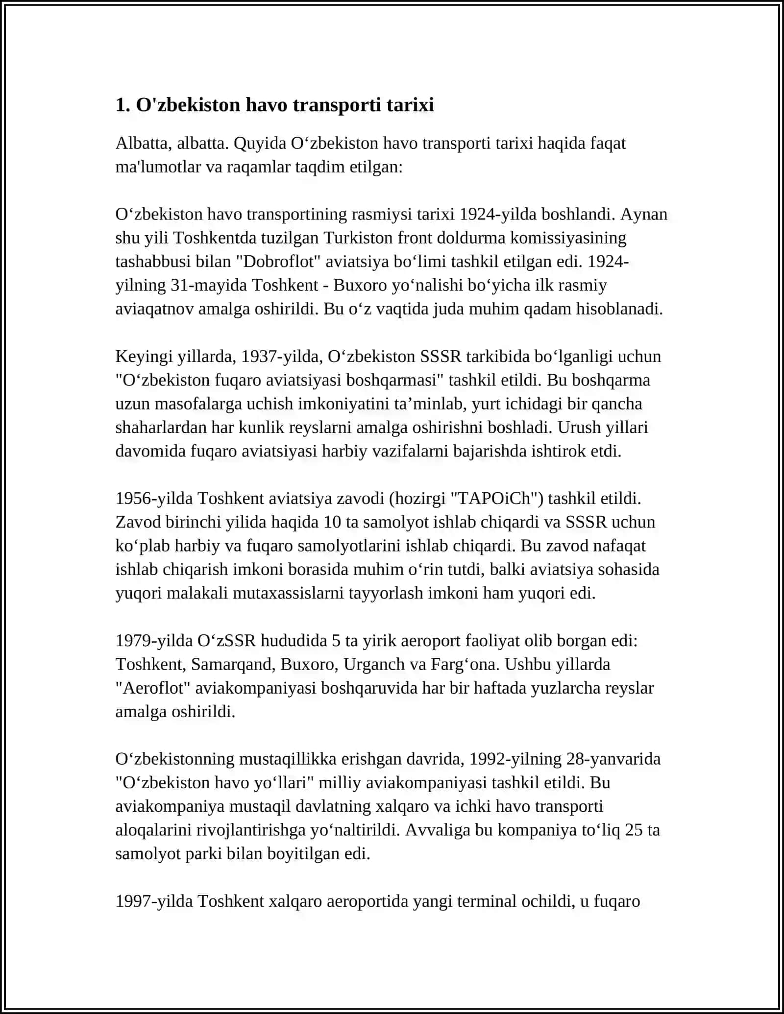 O‘ZBEKISTON HAVO TRANSPORTI UNING RIVOJLANISH MUAMMOLARI 3