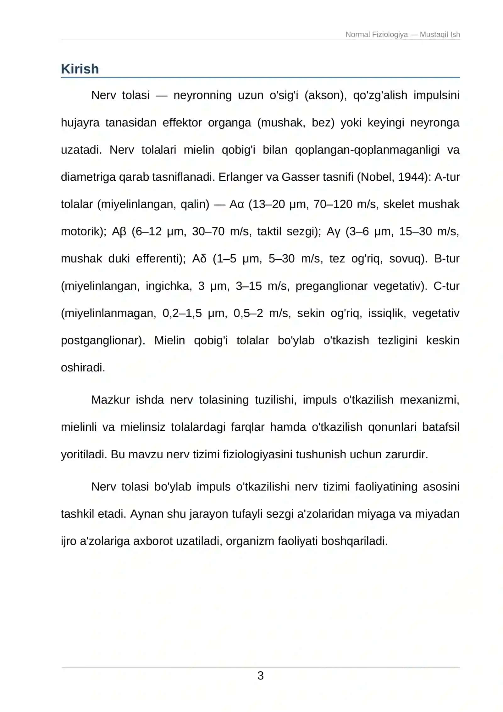 Normal Fiziologiya — Mustaqil Ish 3