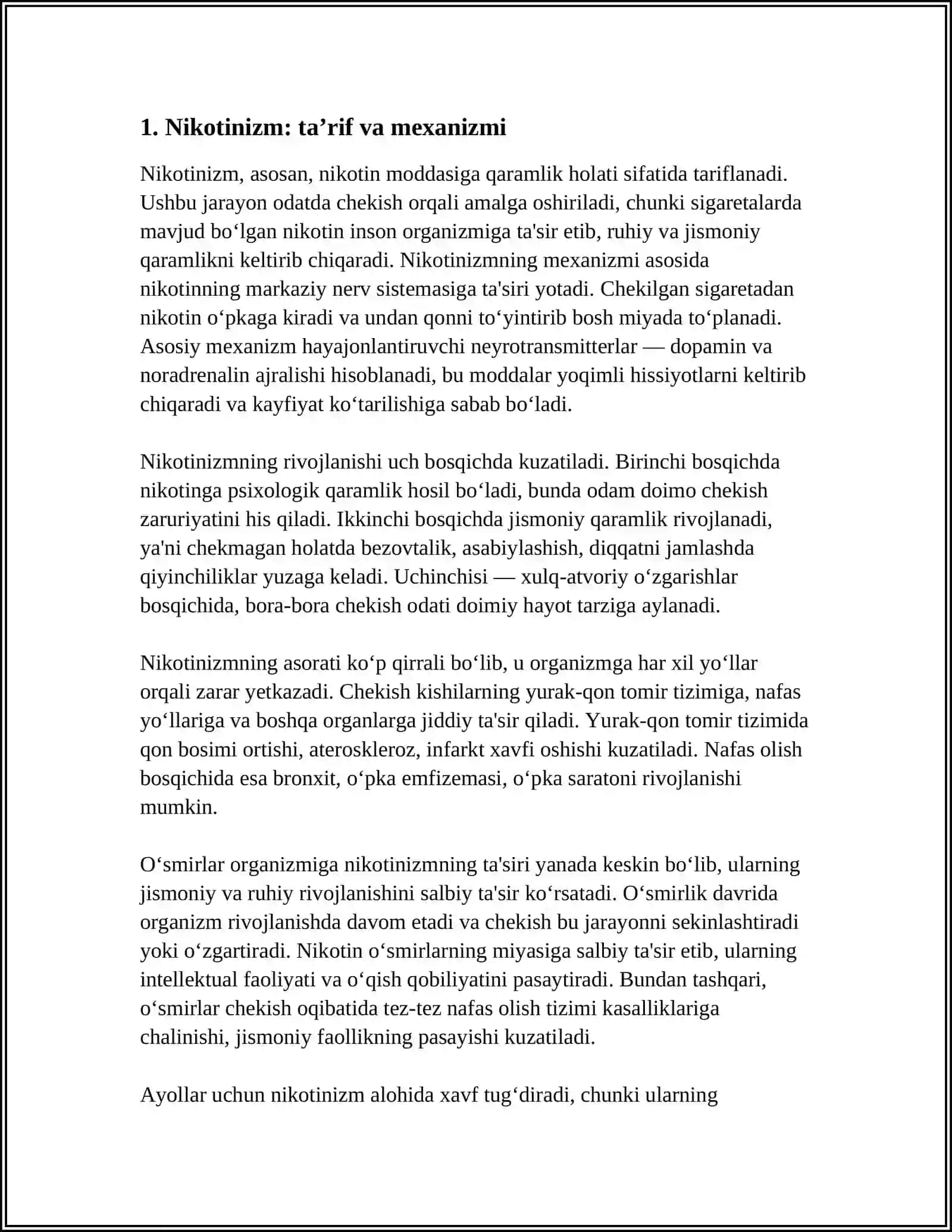 NIKOTINIZM VA UNING ASORATLARI.NIKOTINIZMNING OʻSMIRLAR VA AYOLLAR ORGANIZMIGA TAʼSIRI 3