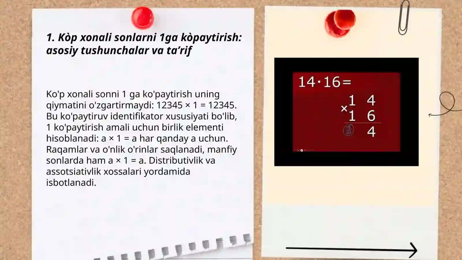 Kòp xonali sonlarni 1ga kòpaytirish 3