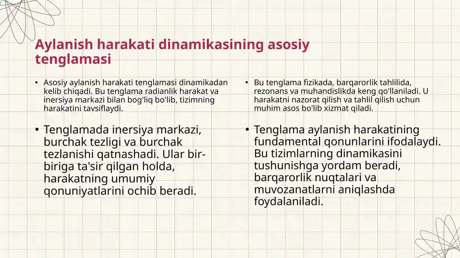 Aylanish harakati dinamikasining asosiy tenglamasi. Inersiya markazi 3