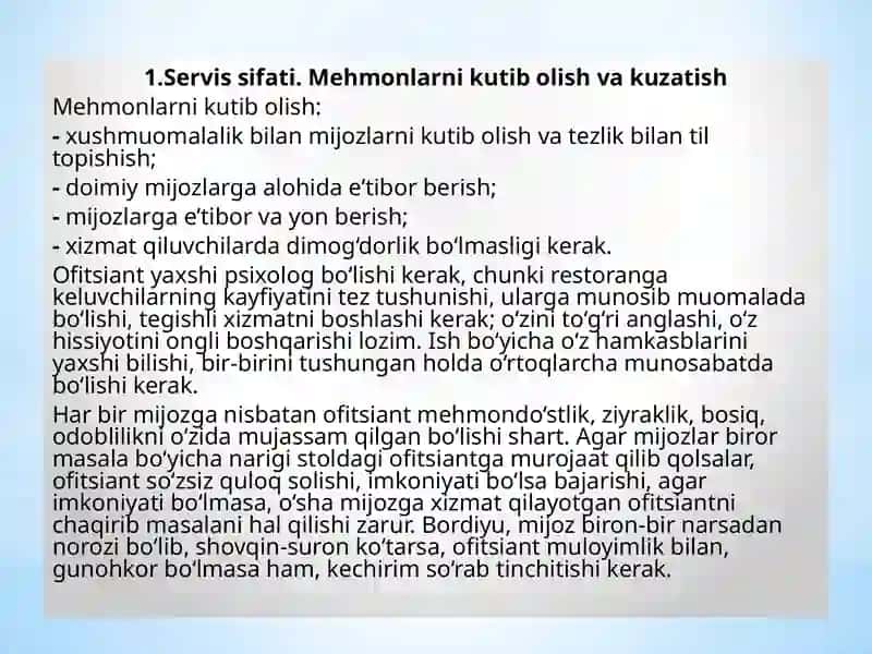 RESTORANLARDA MEHMONLAR ISHONCHI. BARLARDAGI SERVIS 3