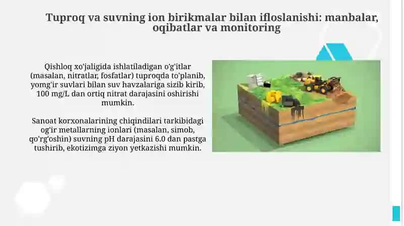 Tuproq va suvning ifloslanishida ion bogʻlanishli birikmalar va ularning tozalash usullari 3