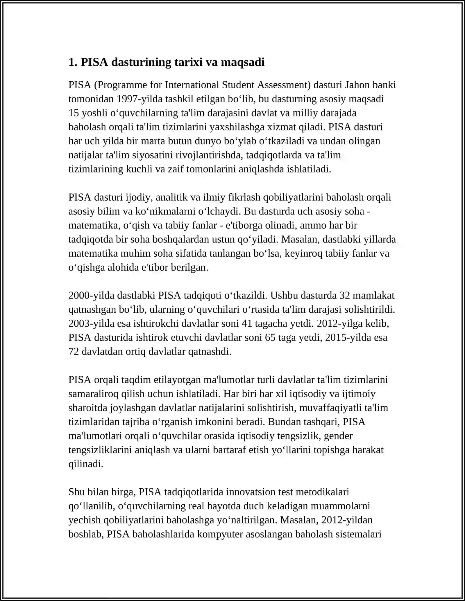 XALQARO BAHOLASH DASTURI PISA (THE PROGRAMME FOR INTERNATIONAL STUDENT ASSESMENT 15 YOSHLI O’QUVCHILARNING O’QISH MATEMATIKA VA TABBIY YO’NALISHDAGI FANLARDAN SAVODXONLIK DARAJASINI BAHOLASH) 3