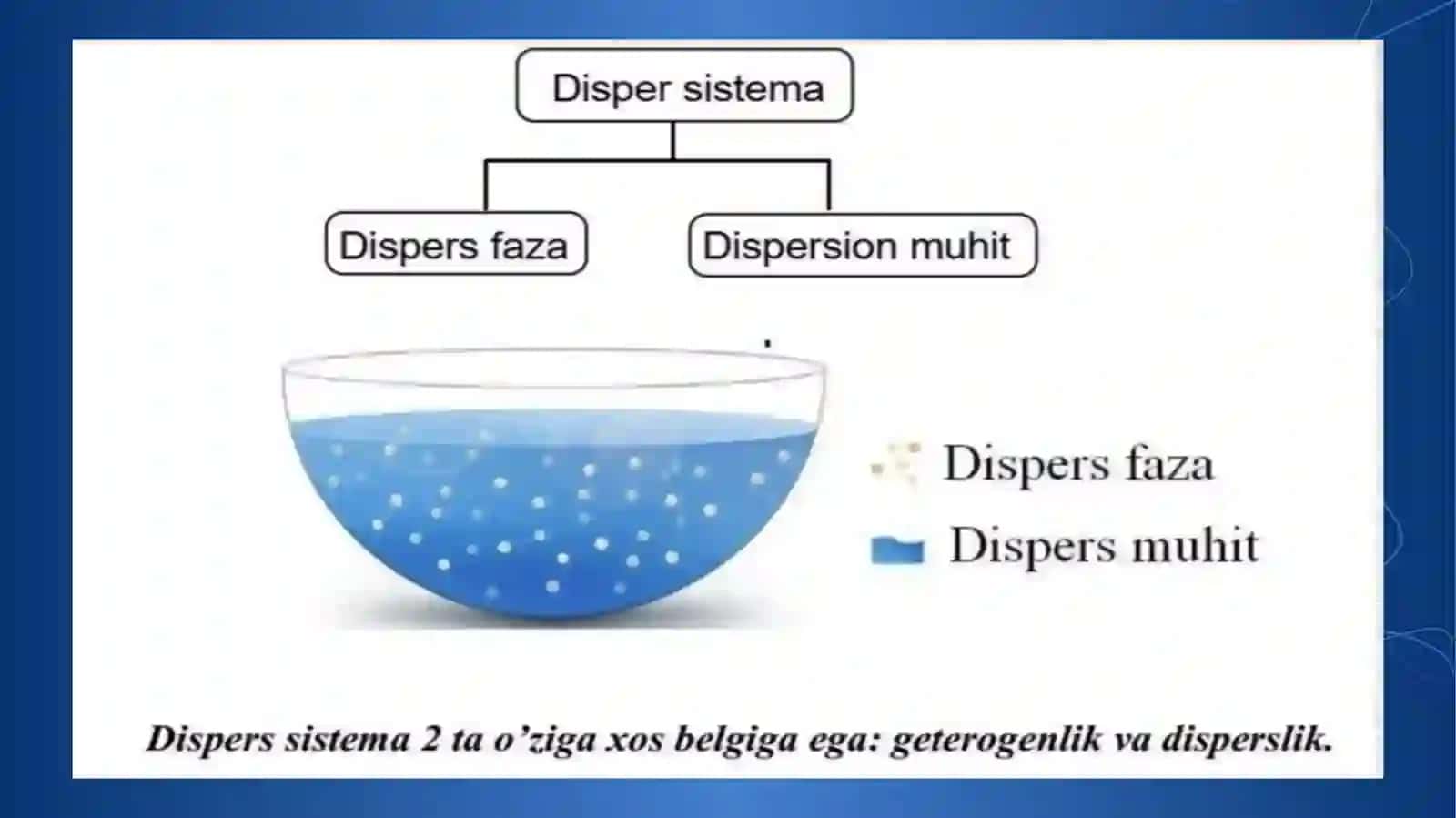Dispers sistemalar. Kolloid eritmalarning klassifikatsiyasi, tuzilishi, olinishi va tozalash usullari. Kolloid eritmalarni molekulyar kinetik  va spetsifik xossalari. Dagʻal dispers  sistemalar. 3