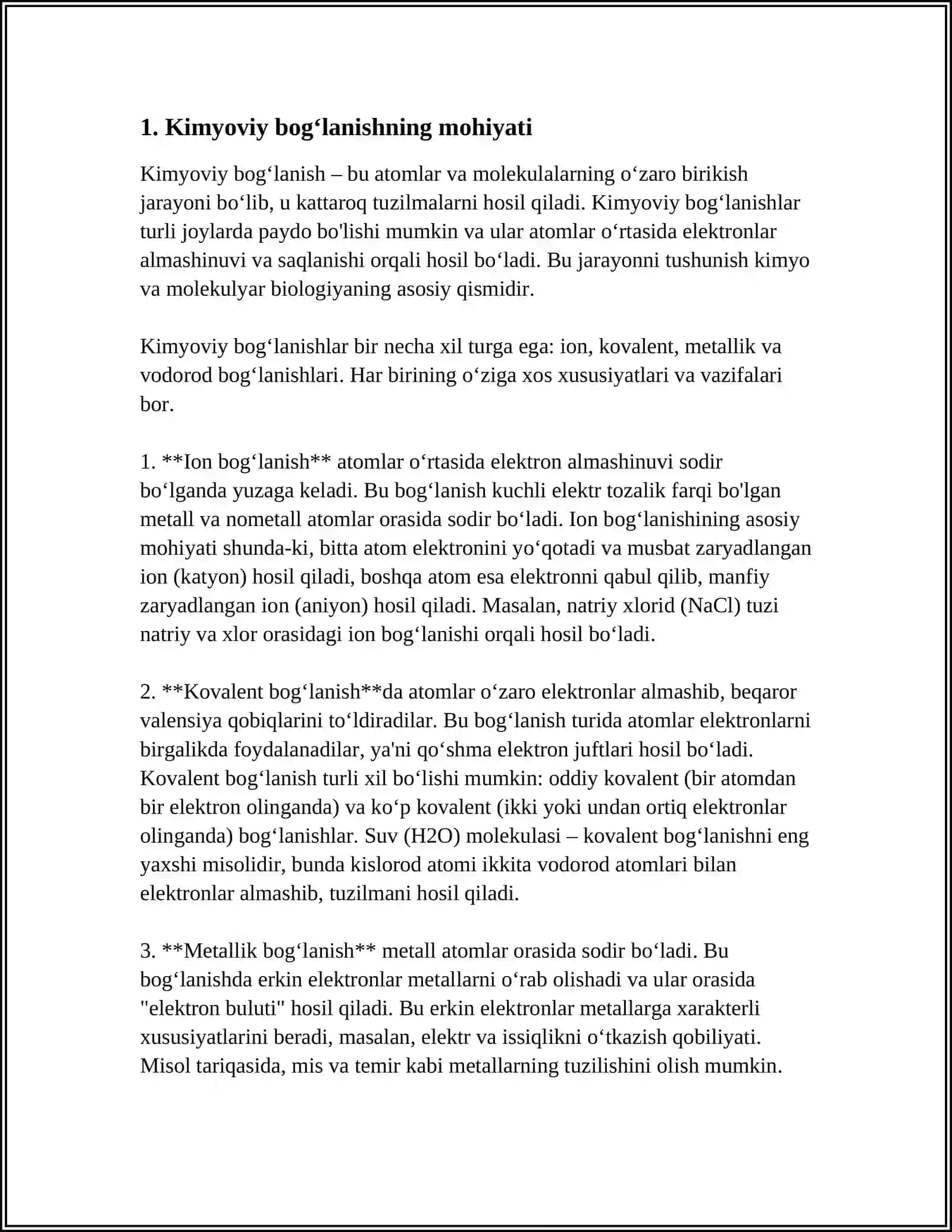 KIMYOVIY BOG‘LANISH. TURLARI. KOVALENT BOG‘LANISH VA UNING XOSSALARI 3