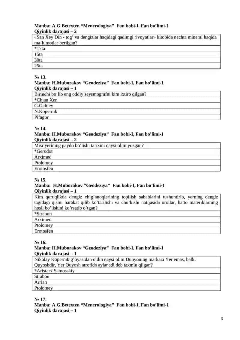 Geologiya, Minerologiya va Geodeziya test 3