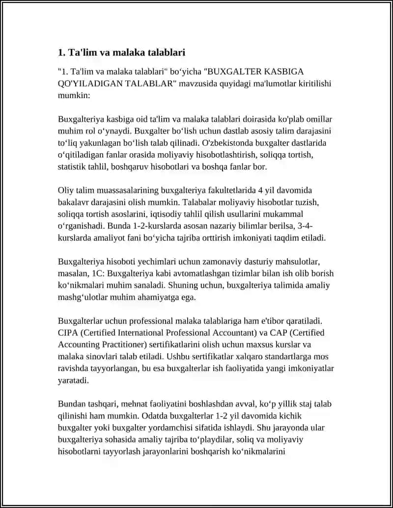 BUXGALTER KASBIGA QO'YILADIGAN TALABLAR 3