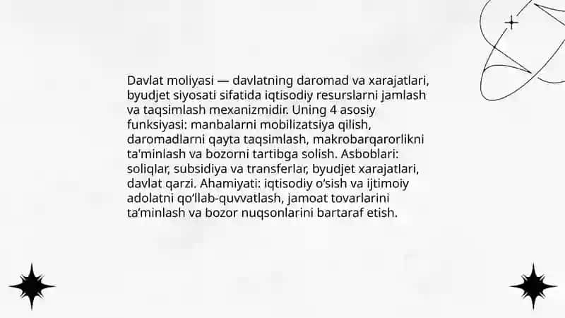 Davlat moliyasining iqtisodiy tizimdagi o’rni va roli 3