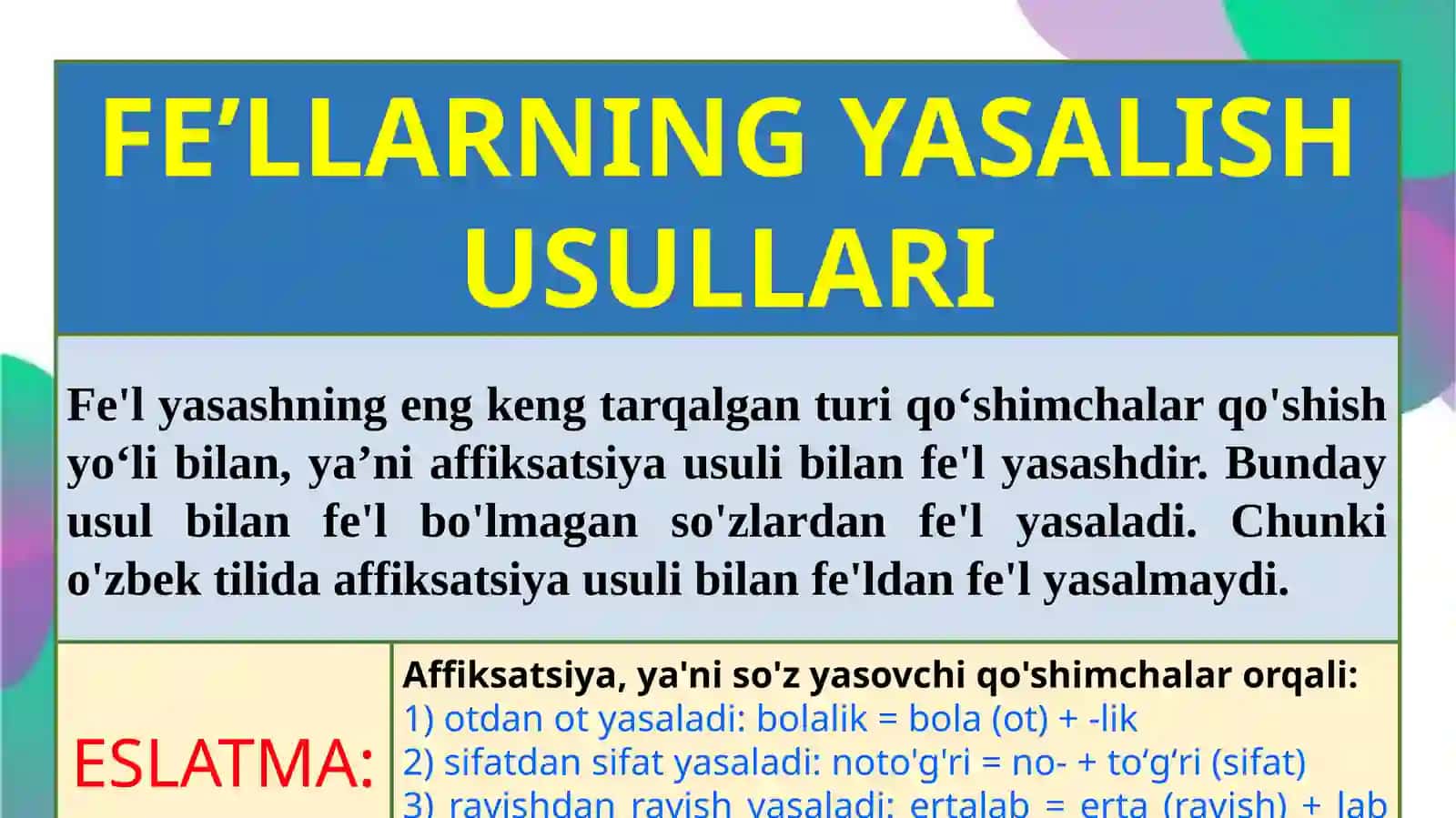 6-ma’ruza: Fe’llarning yasalishi 3