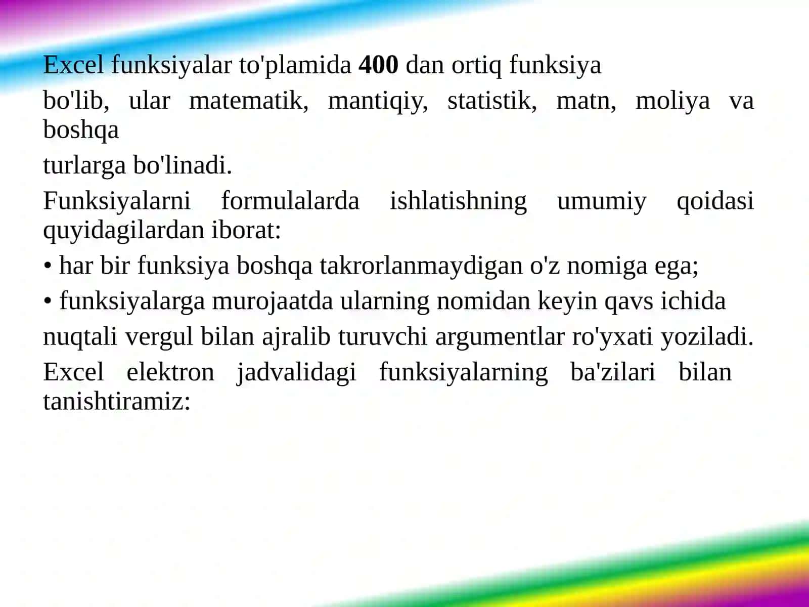 MS Excel elektron jadval yordamida misollar yechish 3