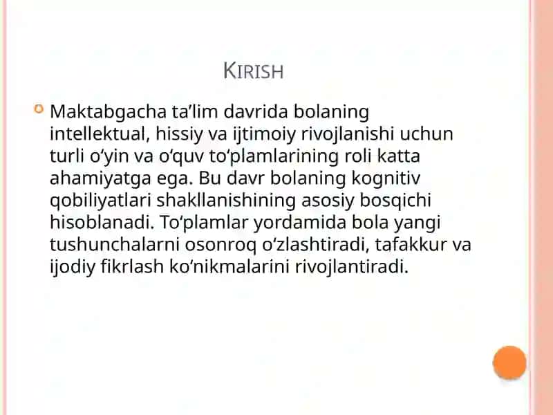 Maktabgacha talim bolalarni toʻplamlar bilan tanishtirish 3