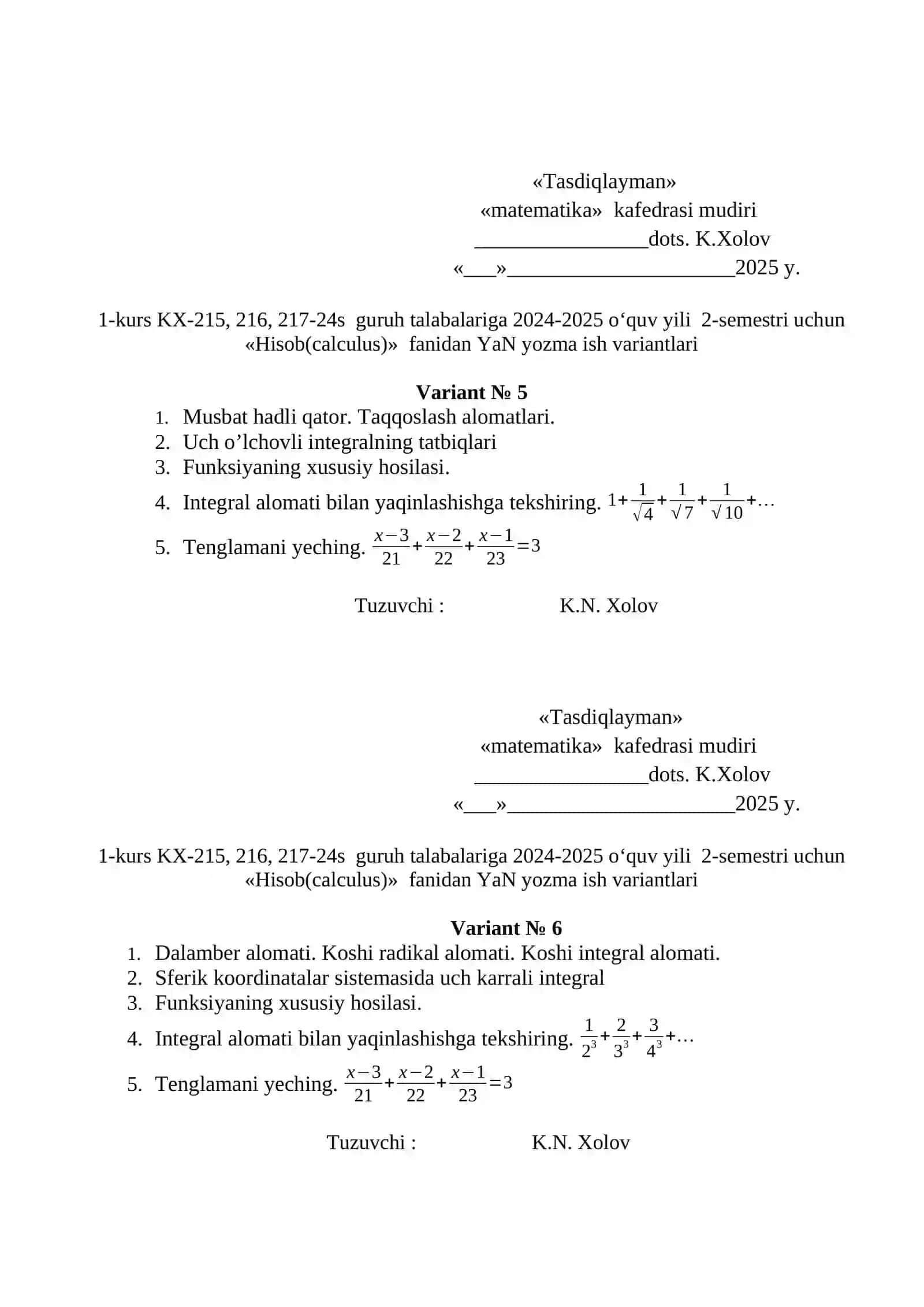 Hisob(calculus) fanidan YaN yozma ish variantlari 3