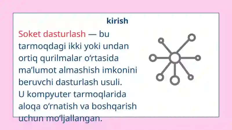 Socket dasturlash tushunchasi , tarmoq ilovalari ishlab chiqish taqdimot 3