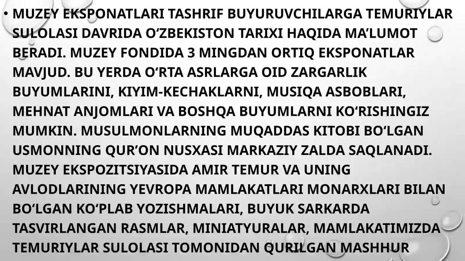 Temuriylar davlati muzeyiga sayohat  slayd 3