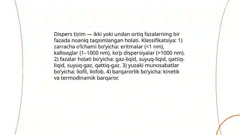 Dispert sistemalar.Kalloid dispers sistrmalarining molekulyar kinetik xossalari mavzusuda taqdimot 3