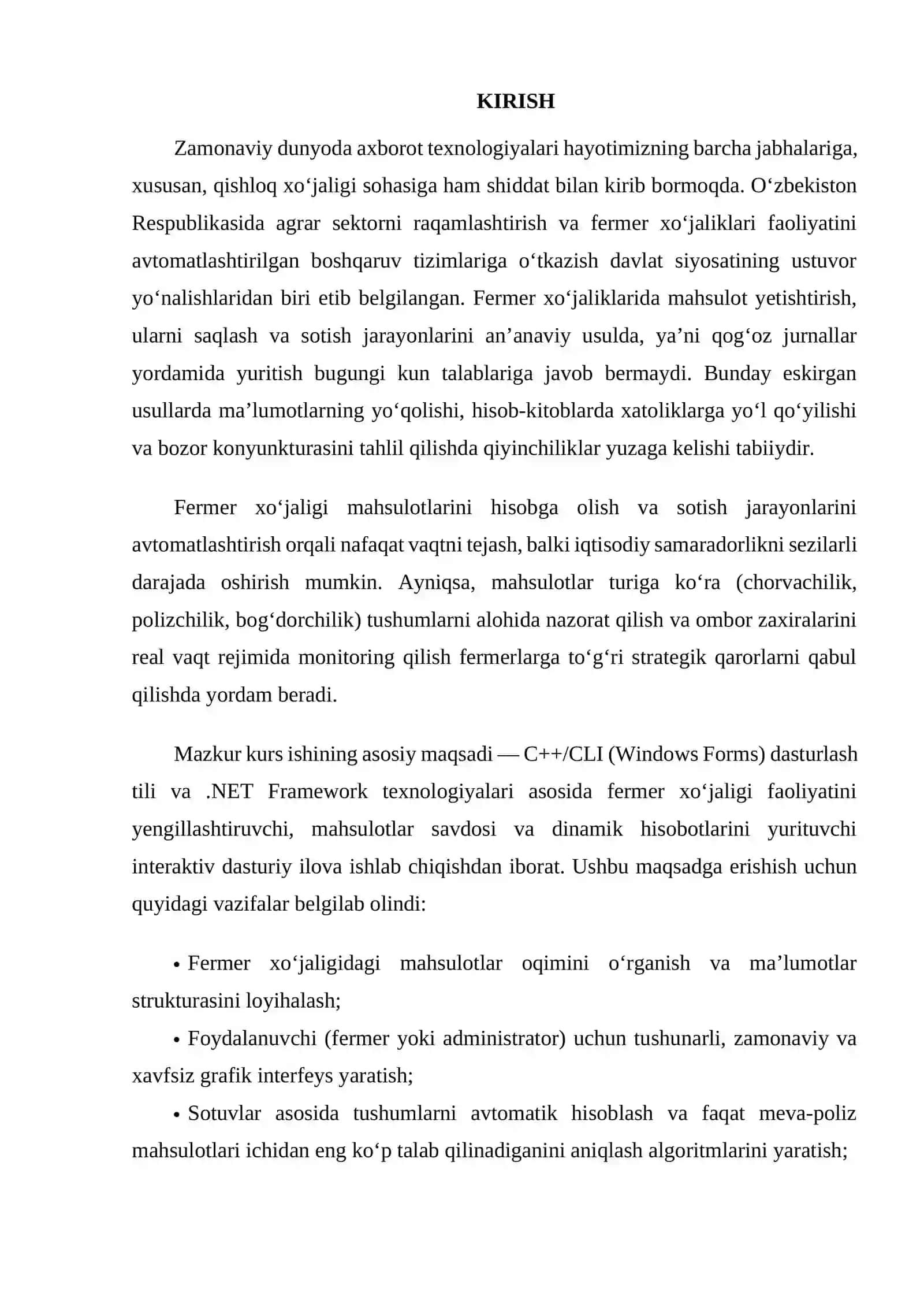 Visual Studio muhitida dasturlash | Kurs ishi - FERMER XO’JALIKLARIDA MAHSULOT YETISHTIRISH VA SAVDONI BOSHQARISH DASTUR ILOVASINI YARATISH 3