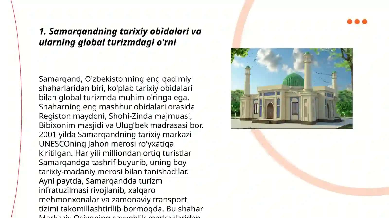 Samarqandning tarixiy obidalari va ularning global turizm 3