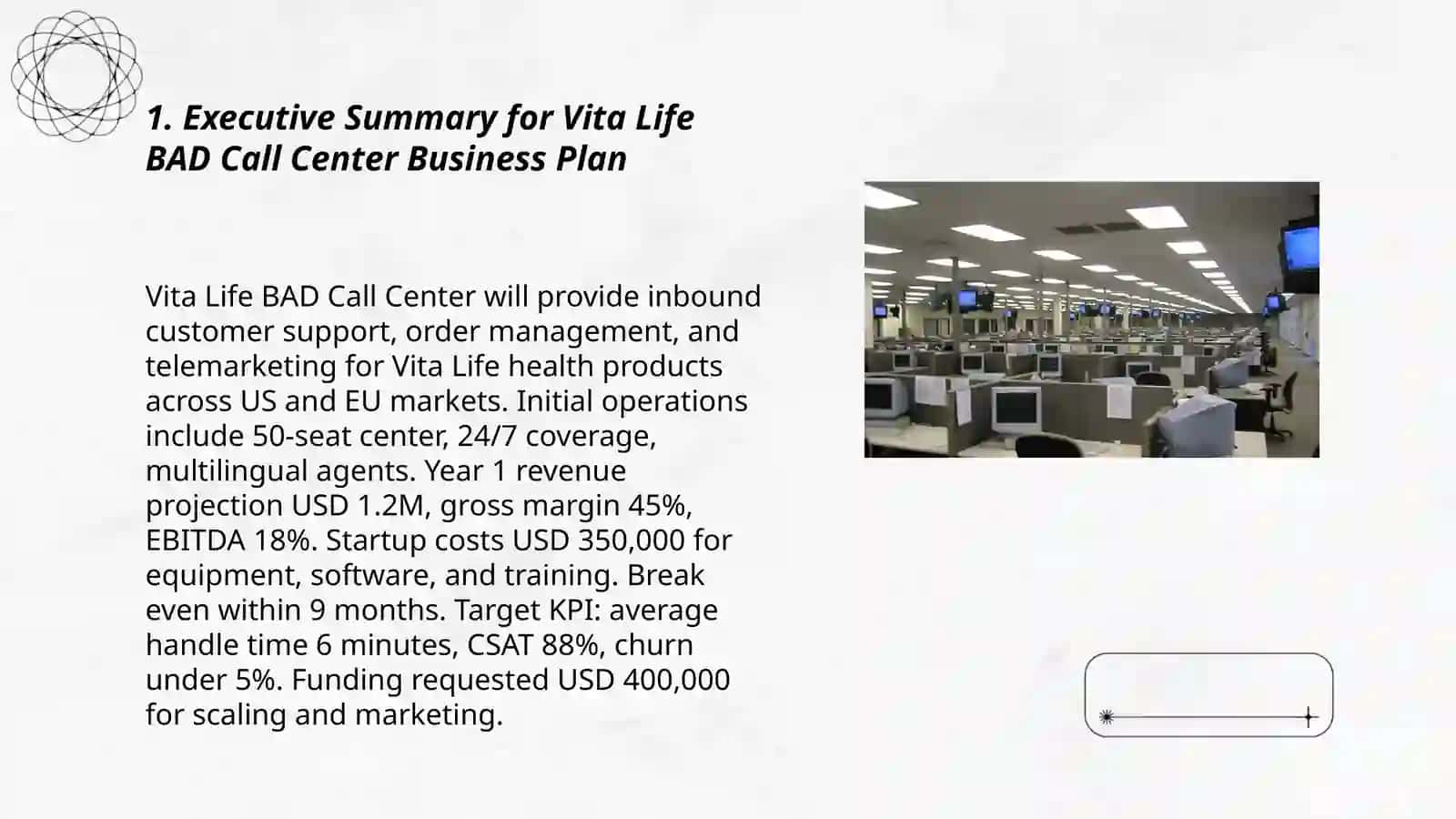 Vita Life BAD Call Center Business Plan 3