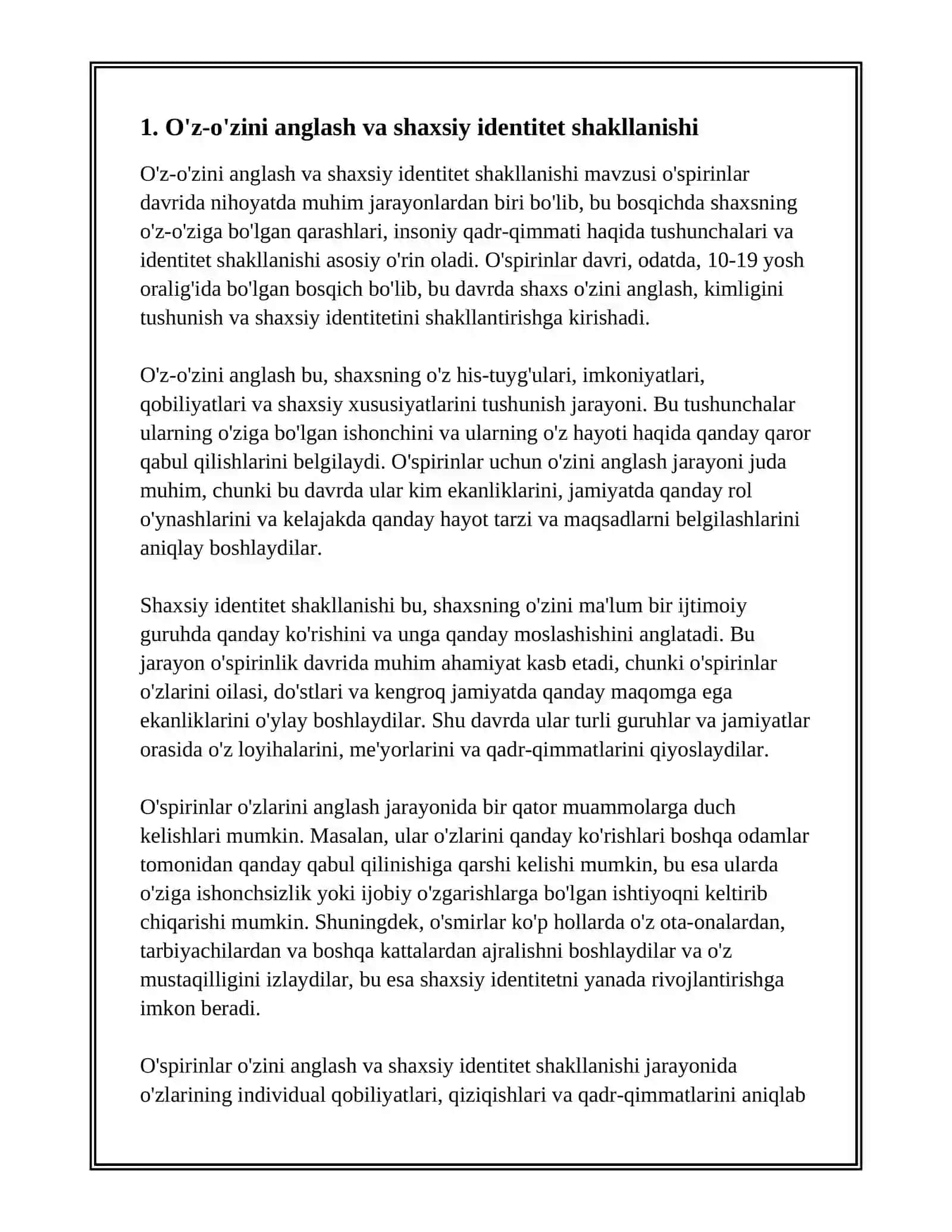 O'SPIRINLARDA O'Z - O'ZINI ANGLASH 3