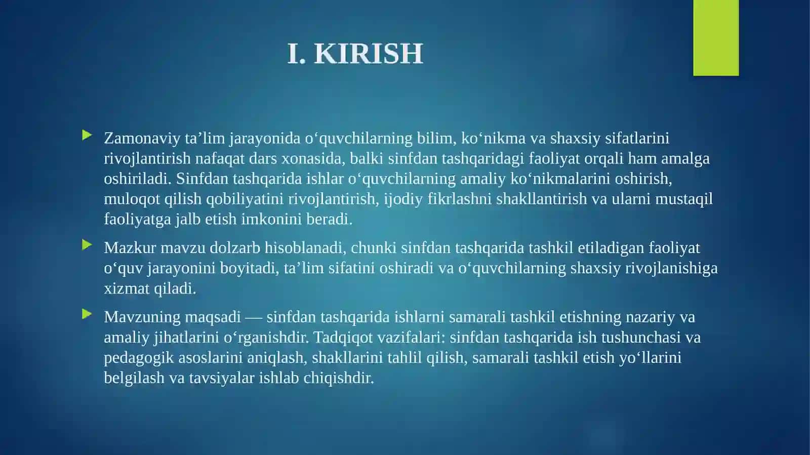 SINFDAN TASHQARIDA ISHLARNI TASHKIL ETISH 3