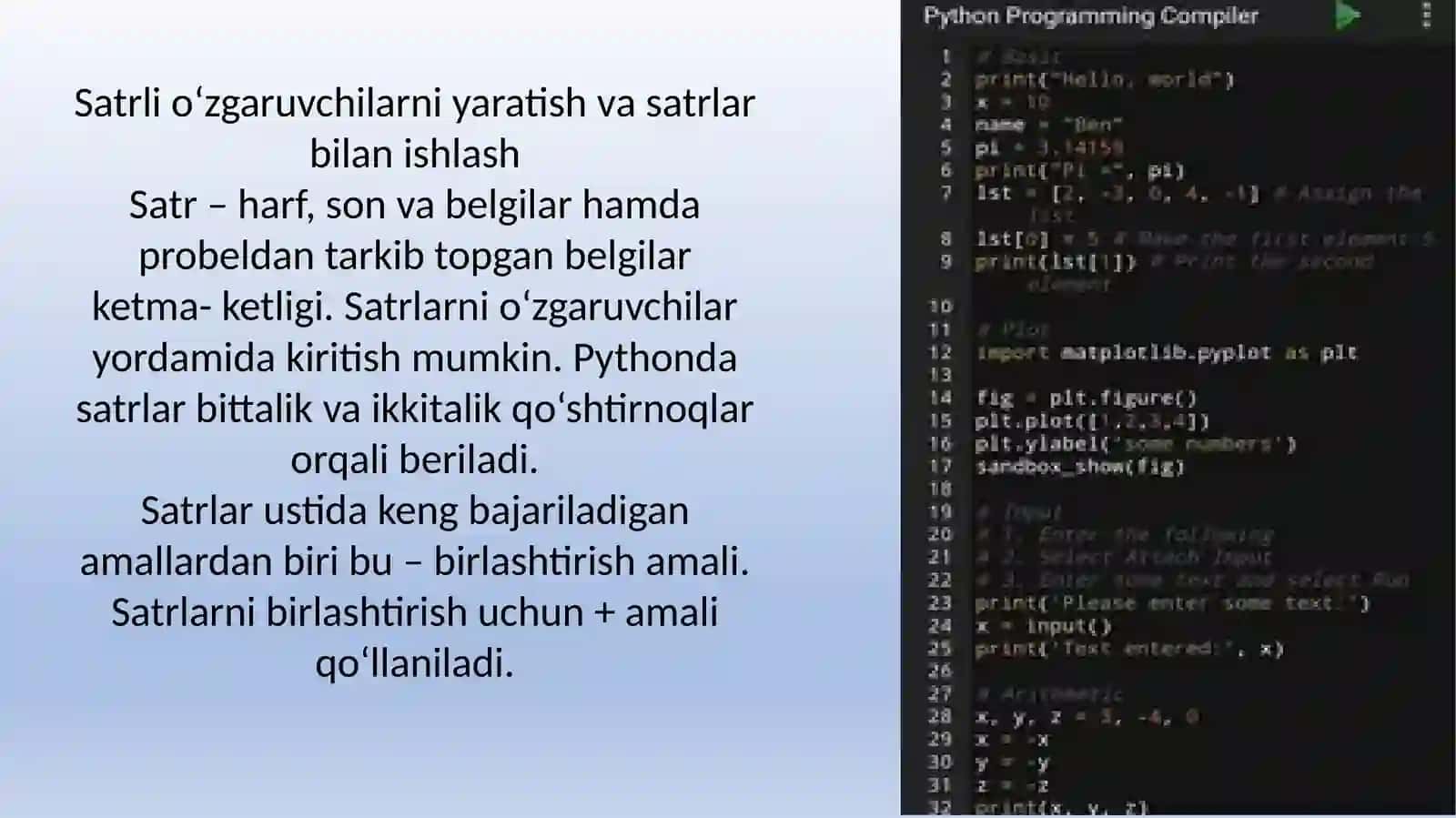 Pythonda satrlar ustida oddiy amallar 3