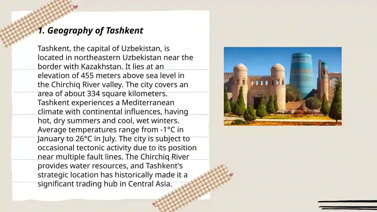 Plan: 1. Geography of Tashkent 3