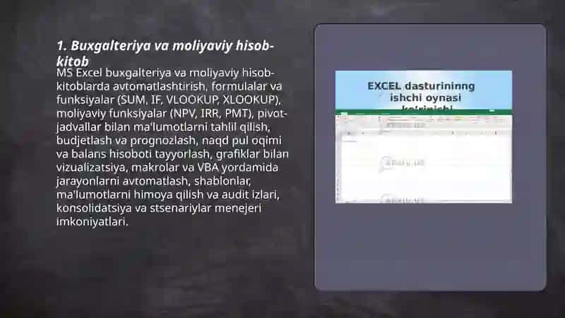 MS EXCEL DASTURI IMKONIYAT QULANILISH SOHALARI 3