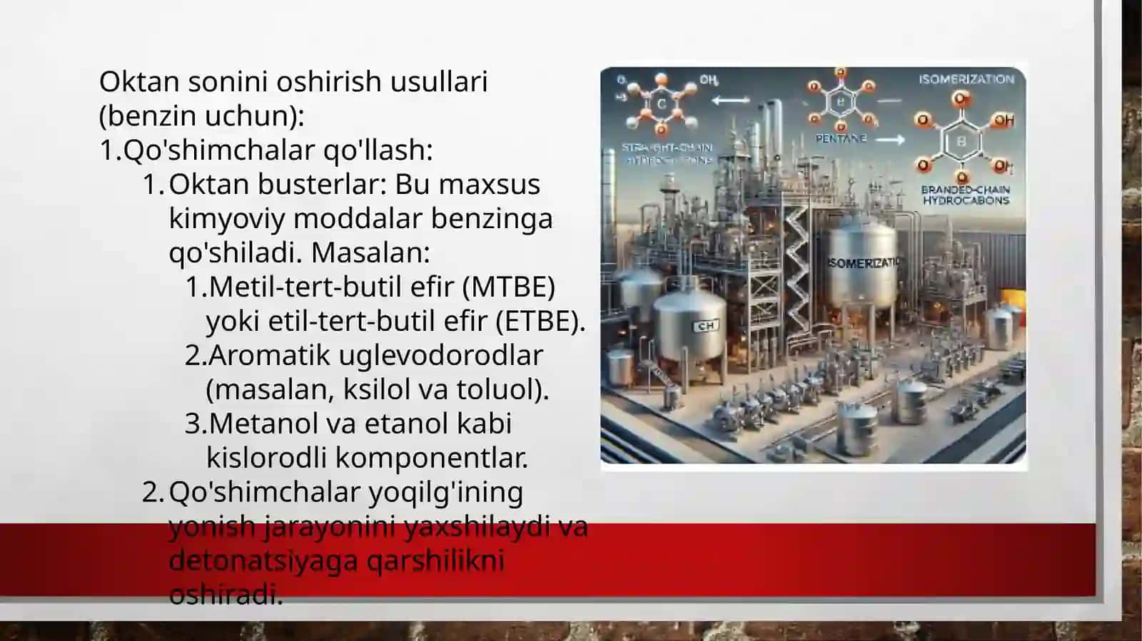 Yoqilg'ilarni oktan vaseta nsonlarini oshirish usullari 3