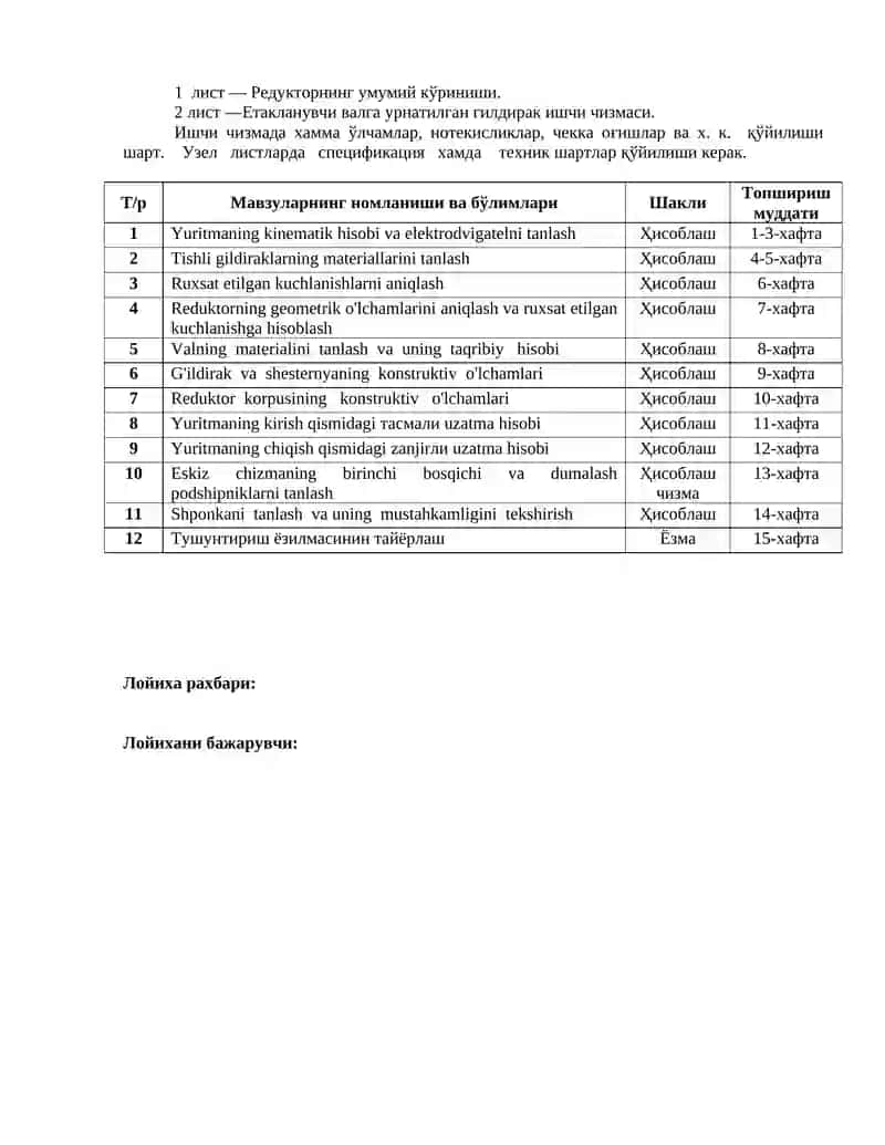 Bir pog’onali reduktorni hisoblash KURS ISHI 3