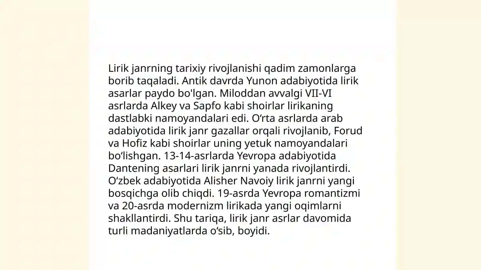 Lirik janrga xos (sheriy) matnlar ustida taraqqiyot xususiyatlari boyicha test va blis sõrovnoma topshiriqlari tuzib kelish 3