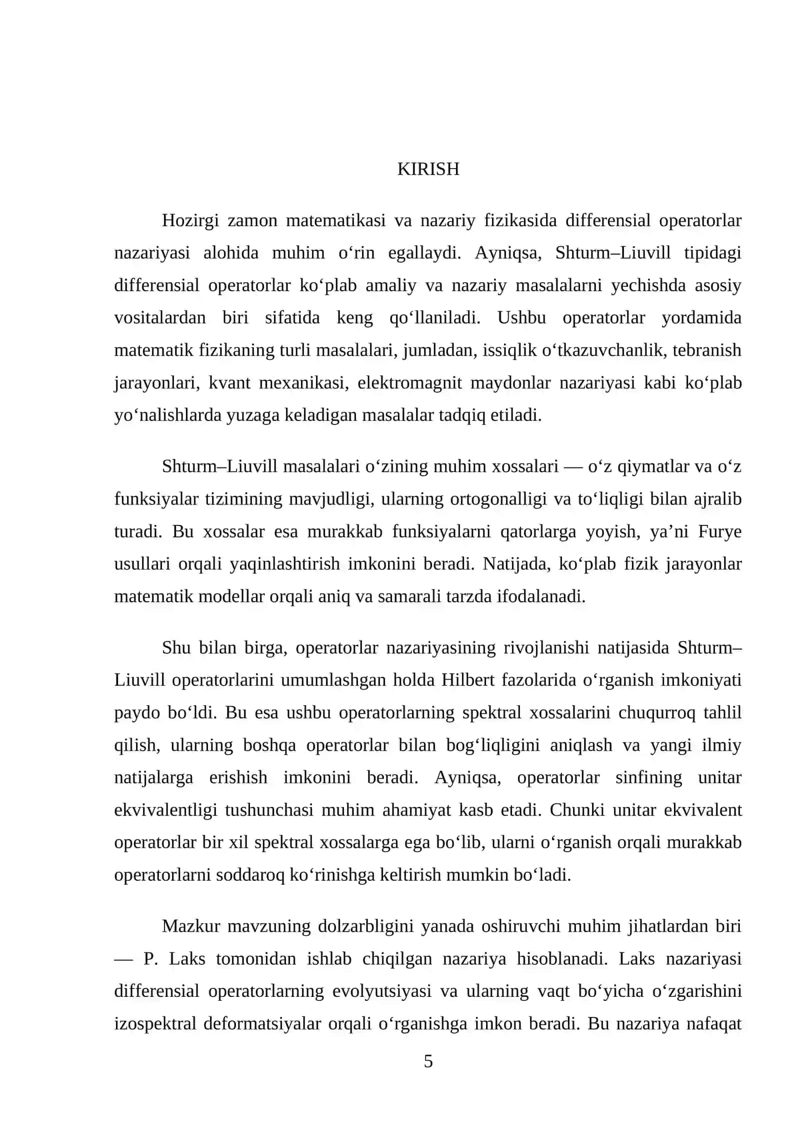 Shturm – Liuvill operatorlar sinfining unitar ekvivalentligi 3