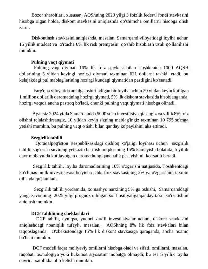 Pulning davriy qiymati va pul oqimlarining diskonti tahlili 3