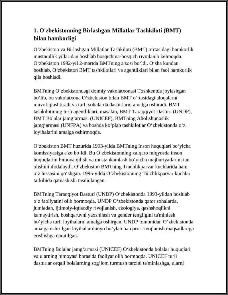 O'ZBEKISTONNING XALQARO TASHKILOTLARI BILAN HAMKORLIK ALOQALARI 3