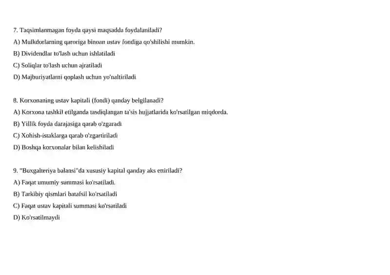 Moliyaviy tahlil. Test 3
