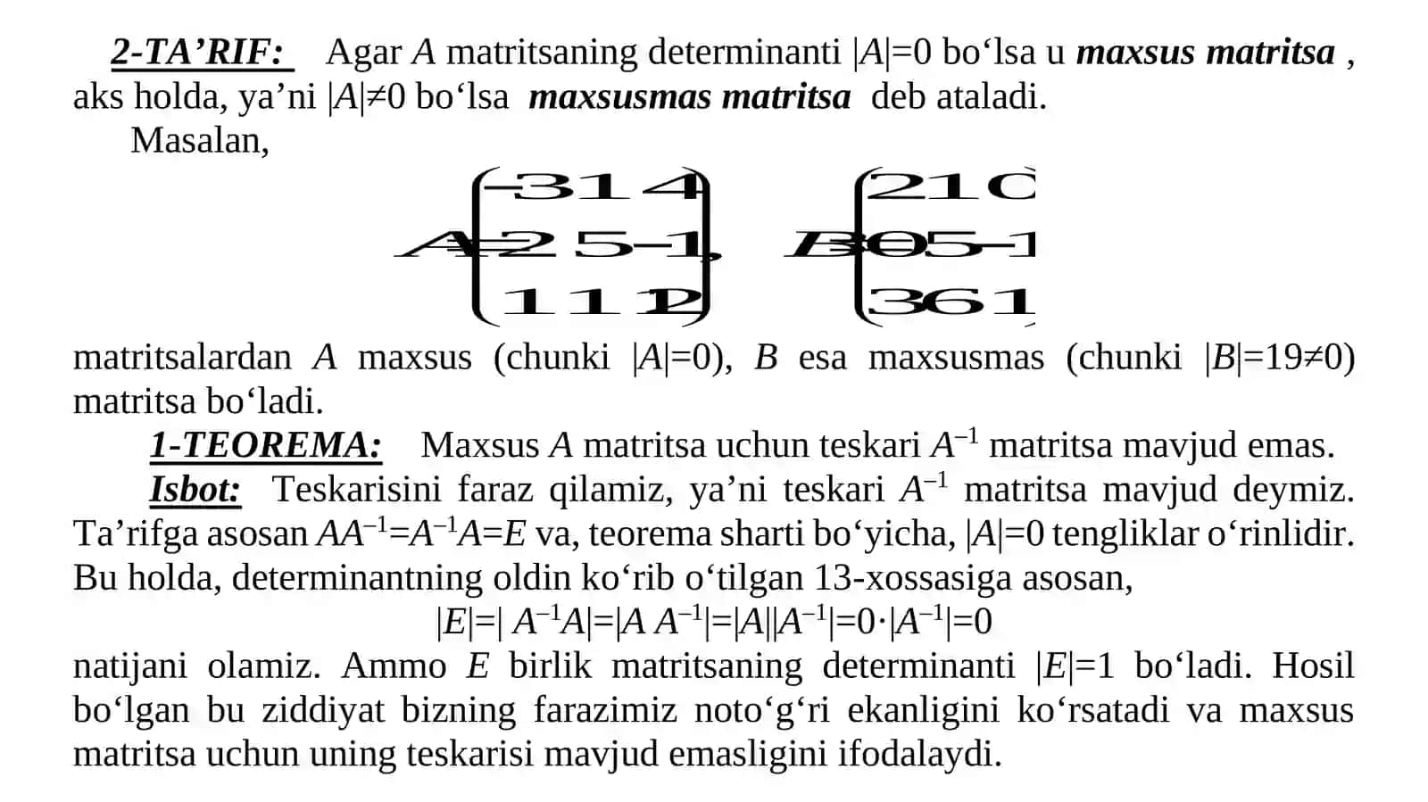 TЕSKARI MATRITSA. MATRITSANING RANGI 3