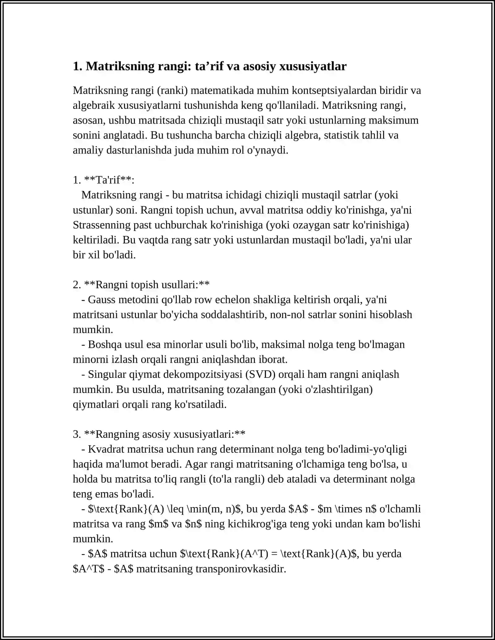 MATRITSANING RANGI HAQIDA TEOREMA 3
