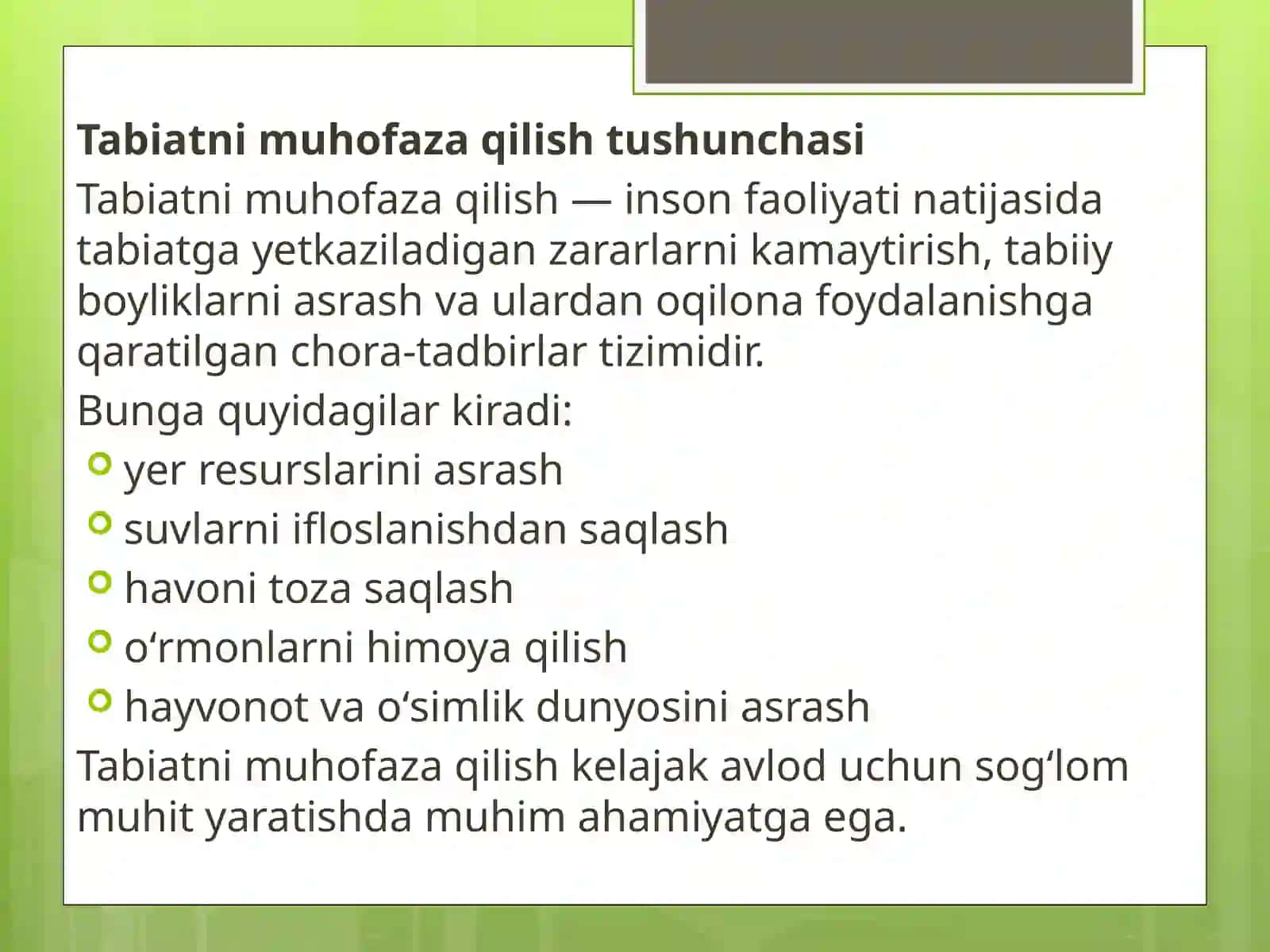 Oʻzbekiston respublikasining qaror va qonunlarida tabiatni muhofaza etishga doir masalalarni oʻrgani 3