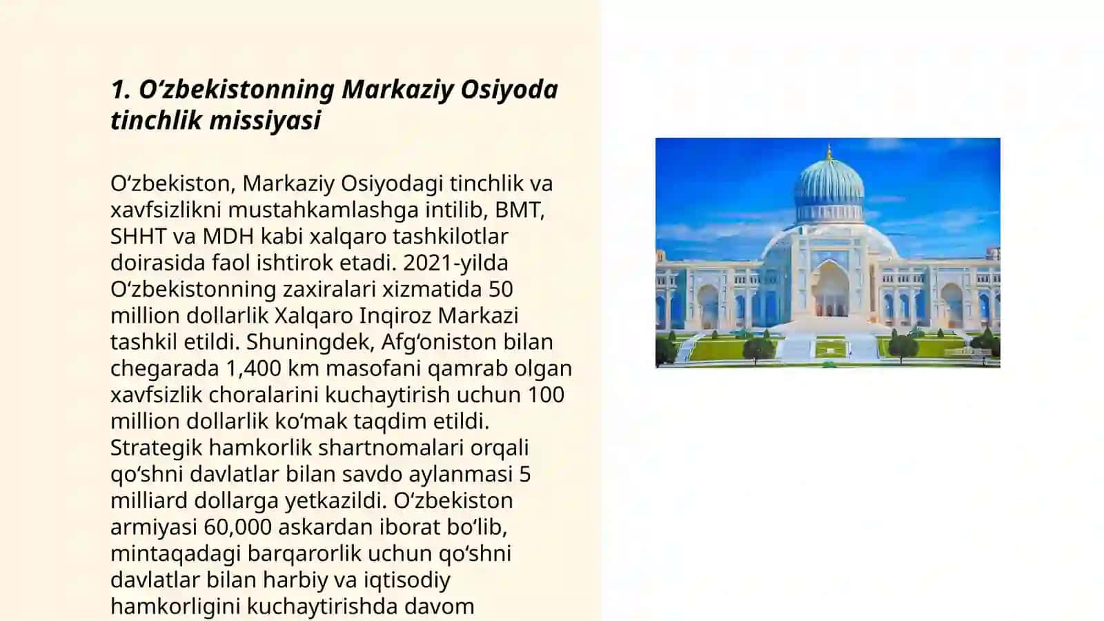 O‘zbekistonning Markaziy Osiyoda tinchlik missiyasi 3