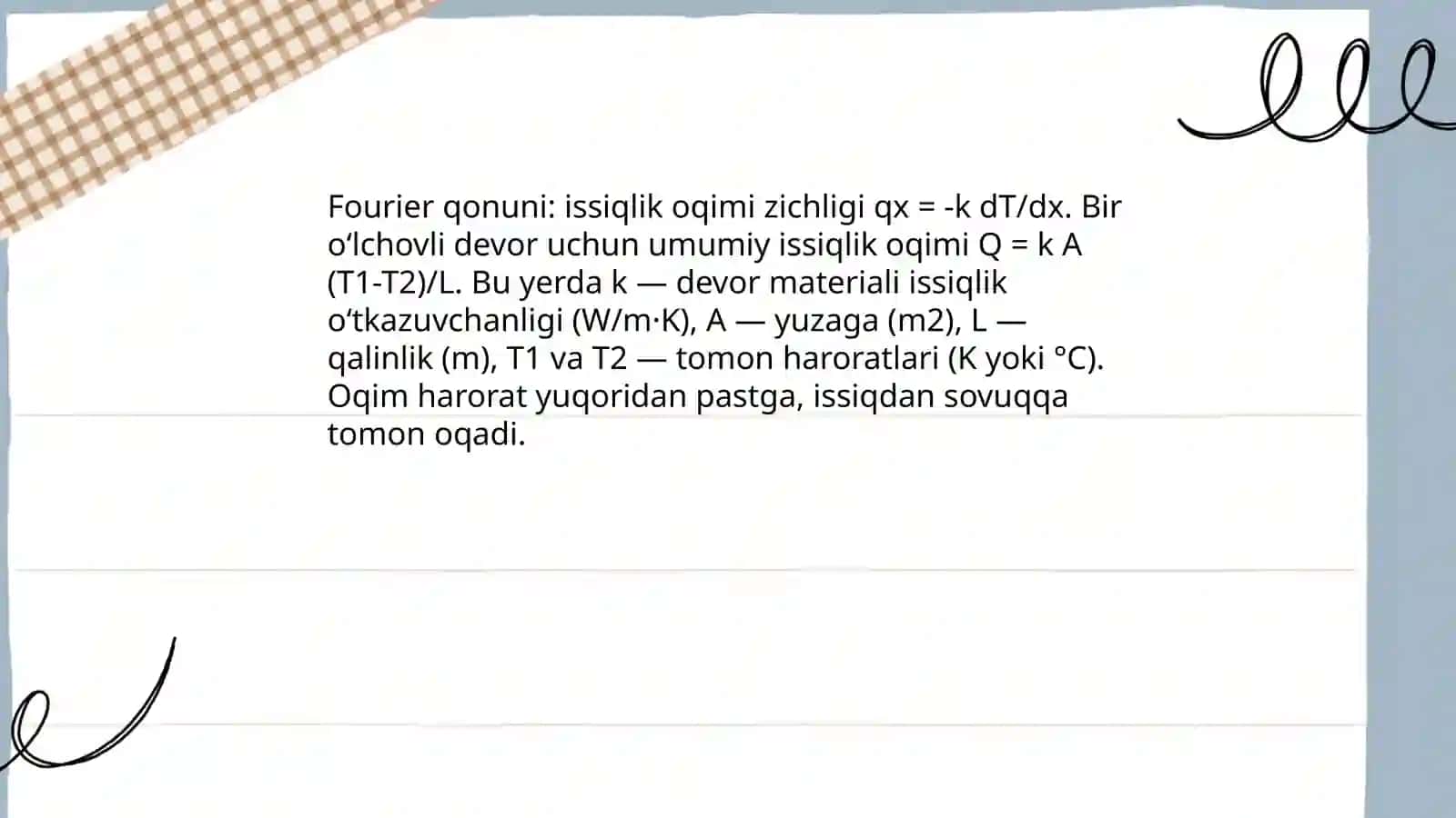 Fourier qonuni va devordan issiqlik oqimi 3