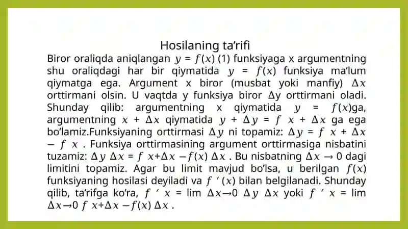 Funksiyani hosilasi. Elementar funksiyalarning hosilalari. Hosil jadvali 3