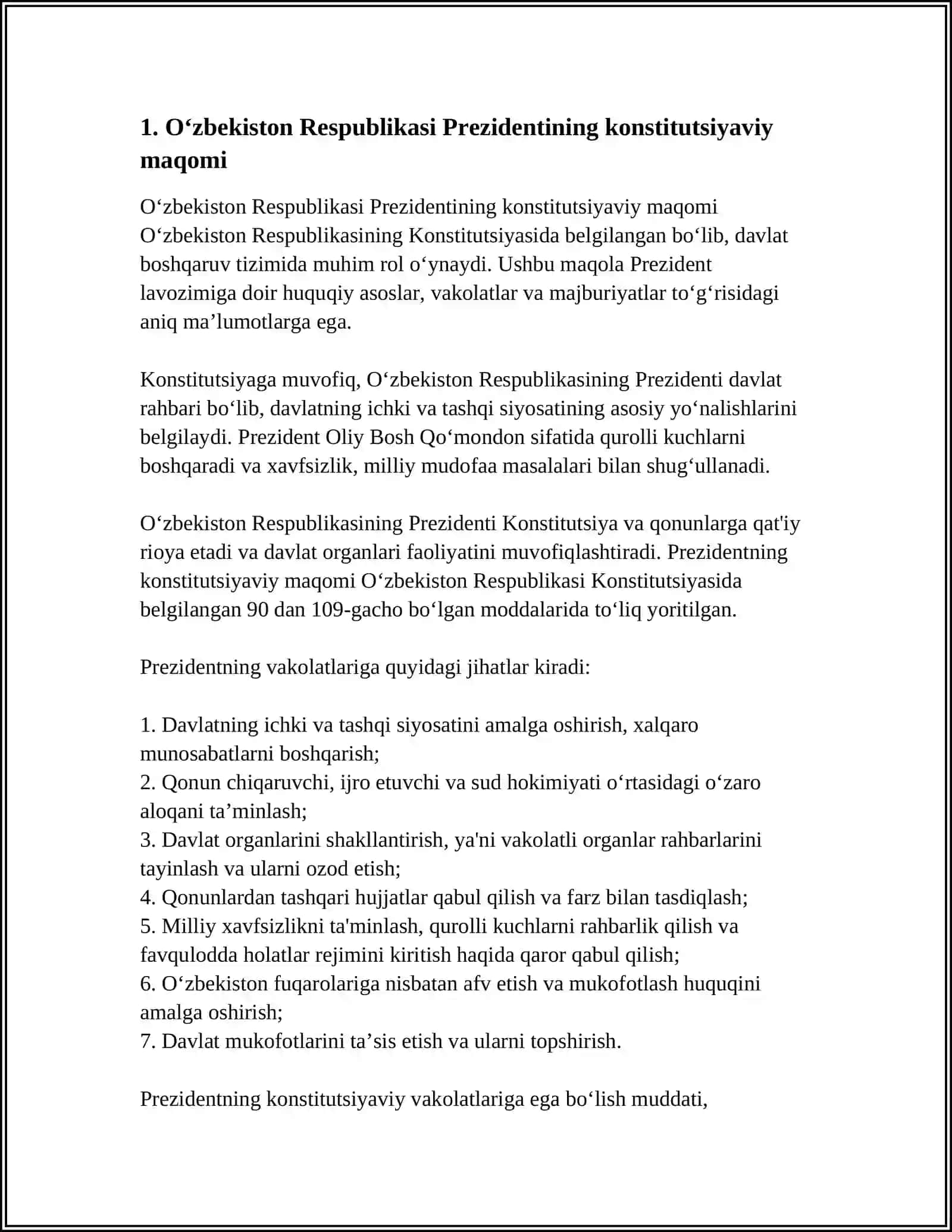 O'ZBEKISTON RESPUBLIKASI PREZIDENTINING KONSTITUTSIYAVIY-HUQUQIY MAQOMI 3